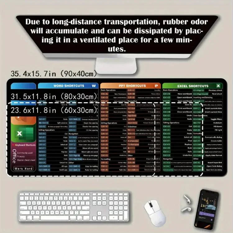 Keyboard Shortcut Desk Mat Mouse Pad Non-Slip Office Desk Pad With Computer Commands, 300x600x2mm, 300x600x3mm, 300x700x2mm, 300x700x3mm, 300x800x2mm, 300x800x3mm, 400x800x2mm, 400x800x3mm, 400x900x2mm