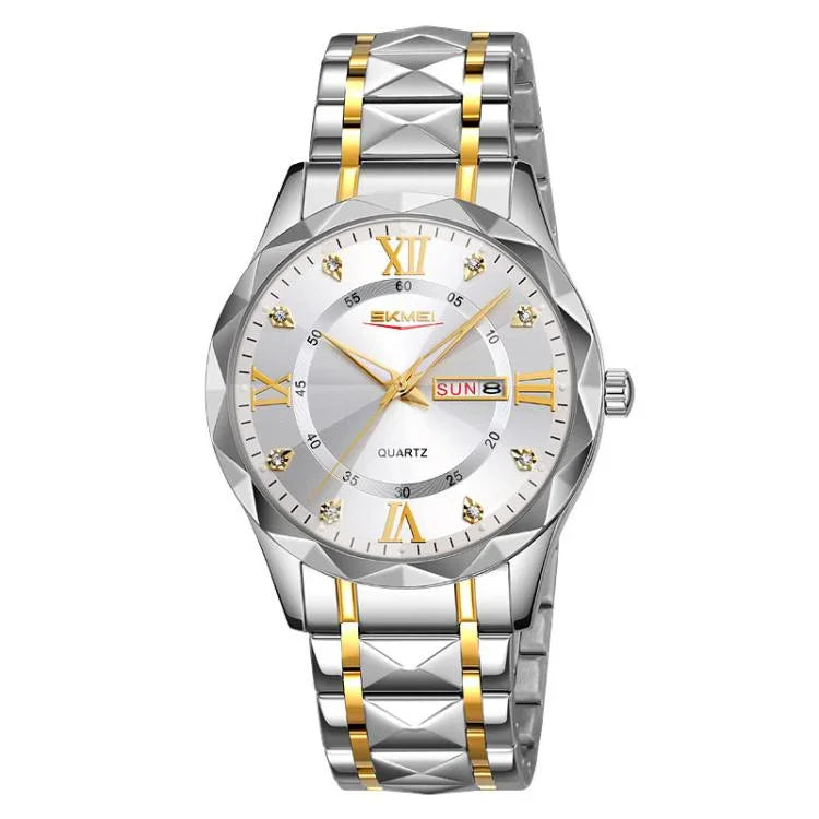 SKMEI Business Casual Watches Diamond Case Luminous Waterproof Quartz Watch, Men Silver Gold Strap Silver Dial, Men Silver Gold Strap Green Dial, Men Silver Gold Strap Black Dial, Men Silver Case Silver Dial, Men Silver Case Gray Dial                  ...