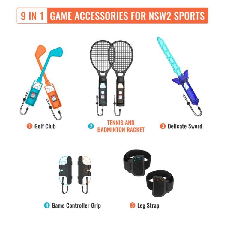 JYS NS2281 pour Nintendo Switch 2 Sports Kit de sport 9 en 1 Accessoires de jeu Poignées gauche et droite