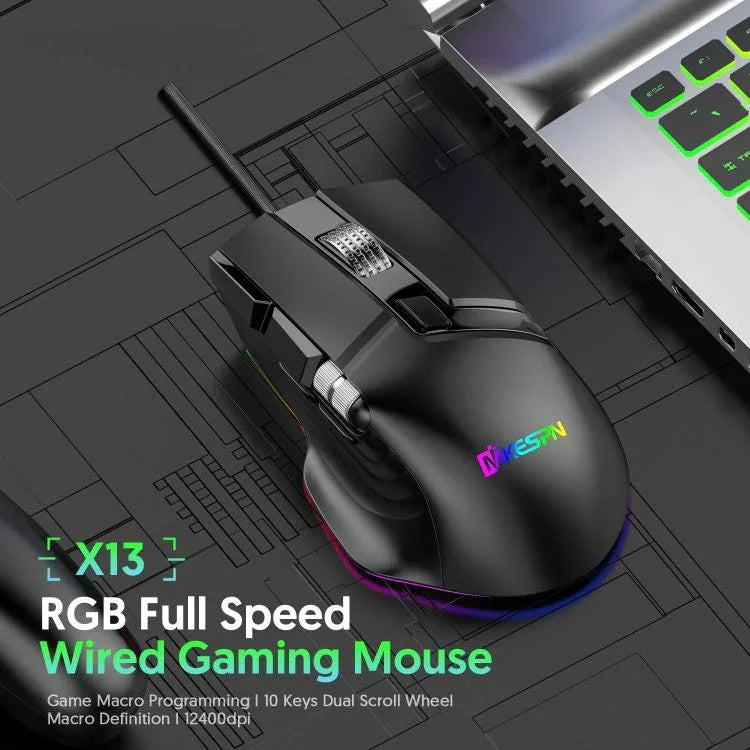 فأرة ألعاب سلكية MKESPN X13 RGB بسرعة كاملة بدقة 12400 DPI مع 10 مفاتيح وعجلة تمرير مزدوجة قابلة للبرمجة الماكرو، X13