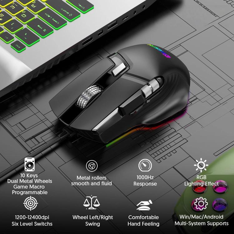 فأرة ألعاب سلكية MKESPN X13 RGB بسرعة كاملة بدقة 12400 DPI مع 10 مفاتيح وعجلة تمرير مزدوجة قابلة للبرمجة الماكرو، X13