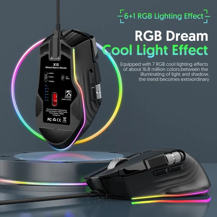 فأرة ألعاب سلكية MKESPN X13 RGB بسرعة كاملة بدقة 12400 DPI مع 10 مفاتيح وعجلة تمرير مزدوجة قابلة للبرمجة الماكرو، X13