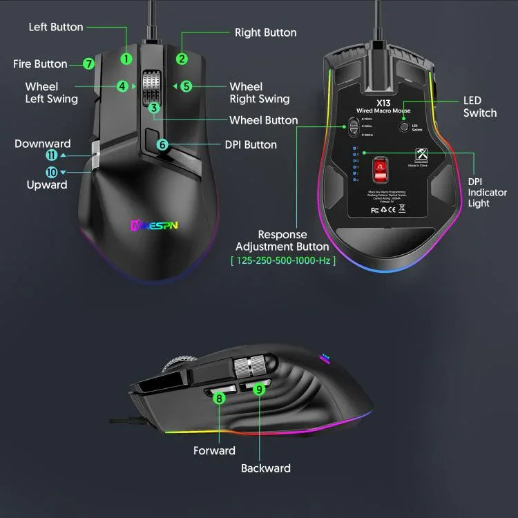فأرة ألعاب سلكية MKESPN X13 RGB بسرعة كاملة بدقة 12400 DPI مع 10 مفاتيح وعجلة تمرير مزدوجة قابلة للبرمجة الماكرو، X13