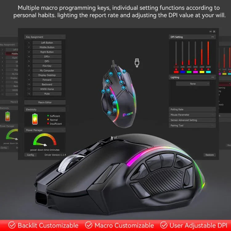 MKESPN W605 Triple-Mode 24000 DPI 12-key Wireless Gaming Mouse Macro Customization, W605