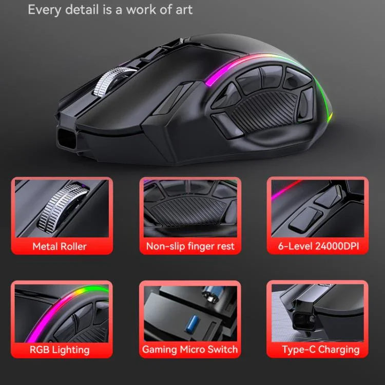MKESPN W605 Triple-Mode 24000 DPI 12-key Wireless Gaming Mouse Macro Customization, W605