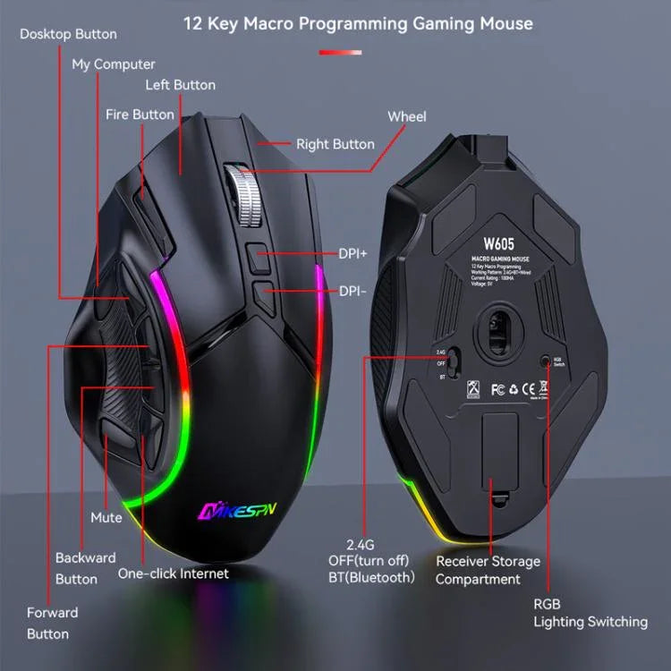 MKESPN W605 Triple-Mode 24000 DPI 12-key Wireless Gaming Mouse Macro Customization, W605