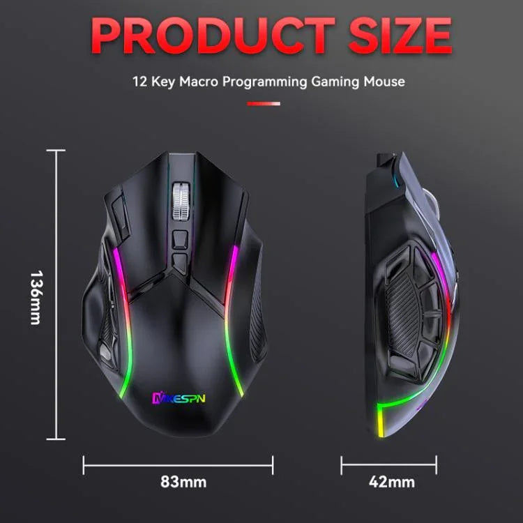 MKESPN W605 Triple-Mode 24000 DPI 12-key Wireless Gaming Mouse Macro Customization, W605