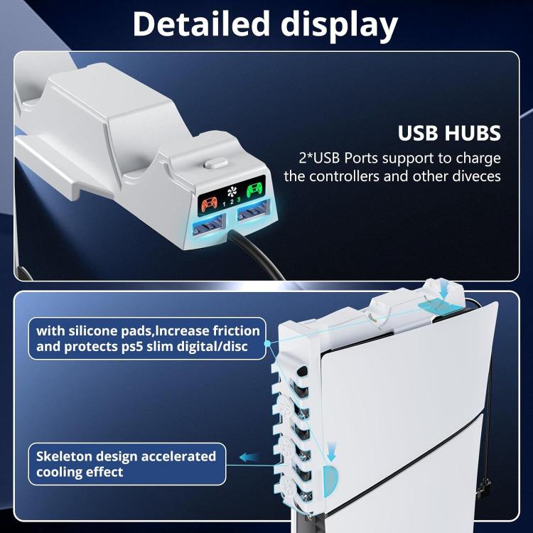 For PS5 Slim Controller 2-in-1 Charging Station Cooling Fan With RGB Lighting