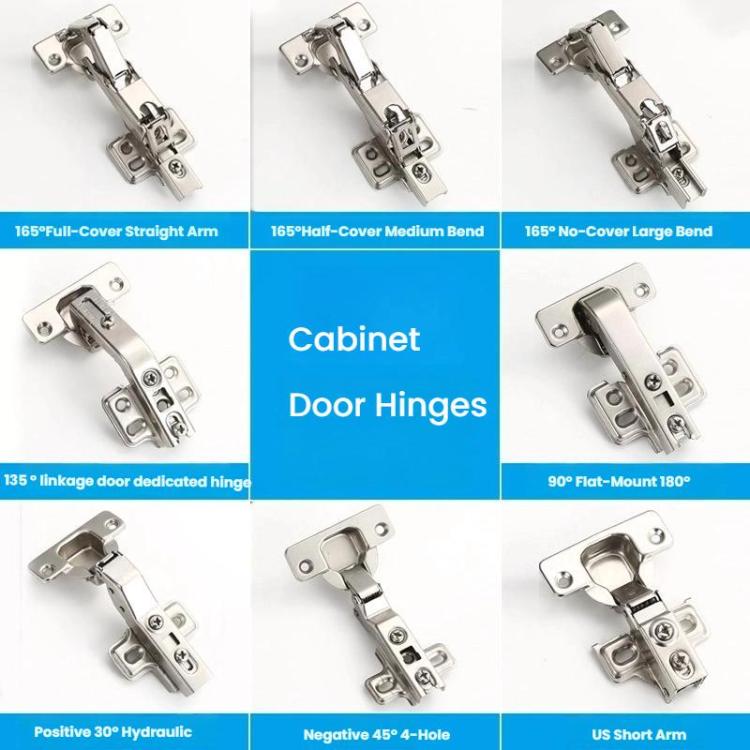 Cabinet Door Hinges Hydraulic Damp Buffer Furniture Hinges, 165-degree Full-Cover Straight Arm, 165-degree Half-Cover Medium Bend, 165-degree No-Cover Large Bend