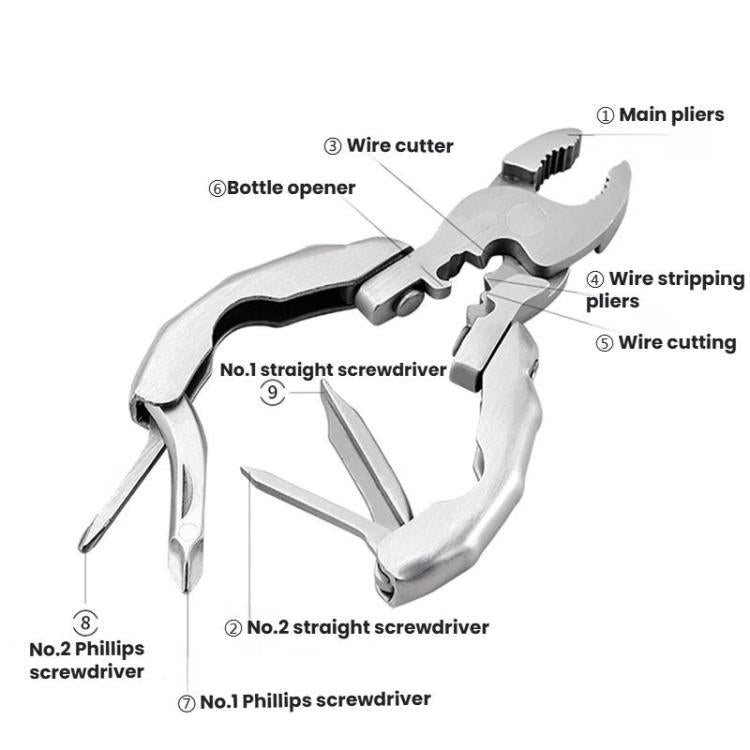 Stainless Steel Multi-Purpose Clamp Screwdriver Portable EDC Tool Bottle Opener, 9 In 1