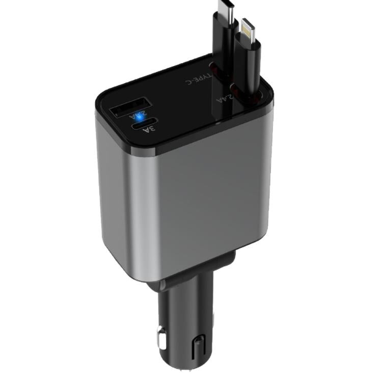 PD30W Car Charger With Retractable Cable, TYPE-C+8 Pin, TYPE-C+TYPE-C, 8 Pin+8 Pin
