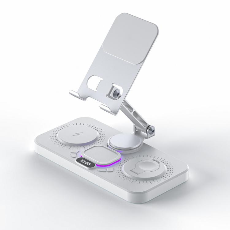 محطة شحن لاسلكي سريعة 4 في 1 للهاتف، الجهاز اللوحي، ساعة آبل، AirPods مع حامل قابل للطي، عرض الساعة وتأثير ضوء بارد