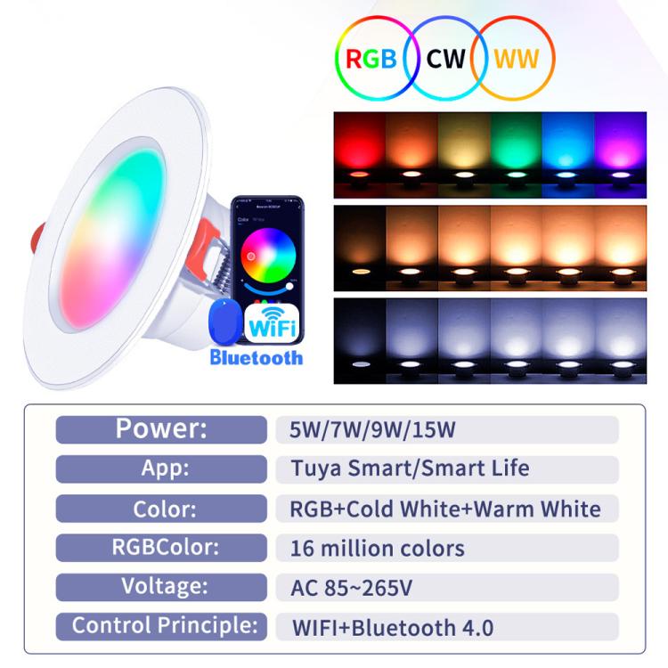 Compatible With Tuya WIFI & Bluetooth Recessed Ceiling Light RGB+CW+WW Dimmable LED Downlight, 5W 2.5inch, 7W 3.5inch, 10W 4inch, 15W 6inch