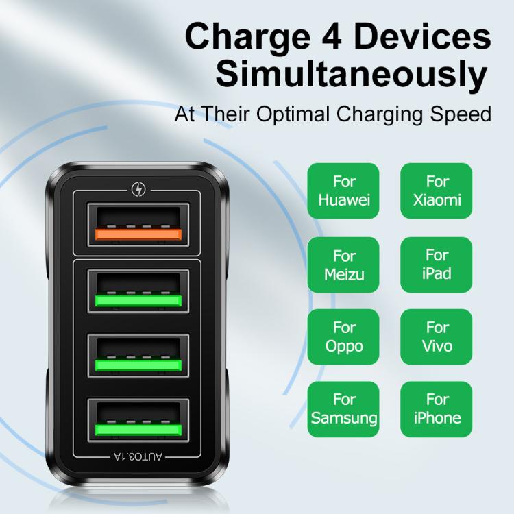 5.1A QC3.0 Fast Charging 4USB Port Cell Phone Charger, EU Plug, US Plug, UK Plug