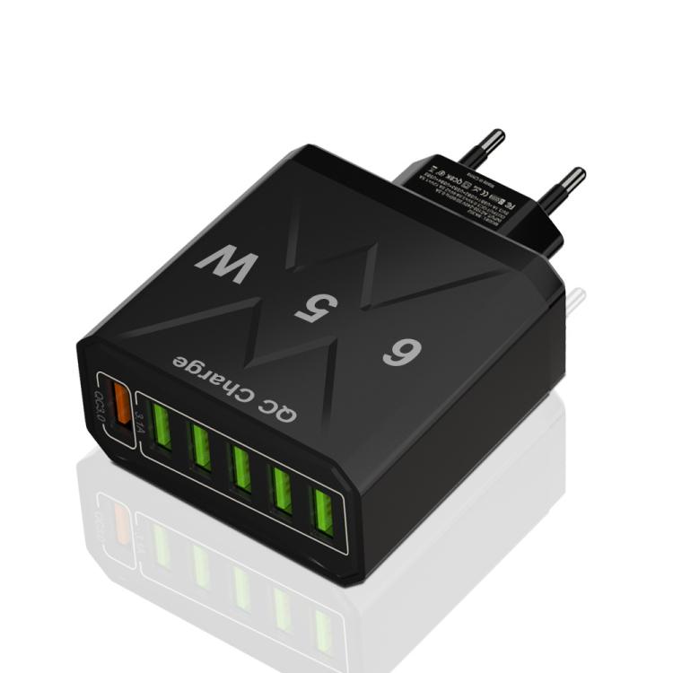شاحن هاتف محمول 6 منافذ USB 65 واط شحن سريع QC3.0، قابس الاتحاد الأوروبي (أسود)، قابس الاتحاد الأوروبي (أبيض)، قابس الولايات المتحدة (أسود)، قابس الولايات المتحدة (أبيض)، قابس المملكة المتحدة (أسود)، قابس المملكة المتحدة (أبيض)