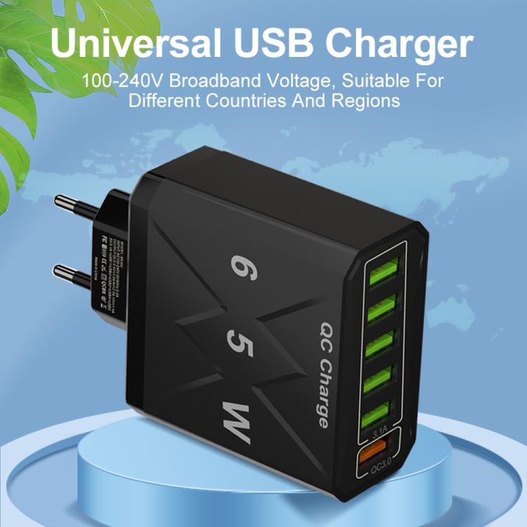 شاحن هاتف محمول 6 منافذ USB 65 واط شحن سريع QC3.0، قابس الاتحاد الأوروبي (أسود)، قابس الاتحاد الأوروبي (أبيض)، قابس الولايات المتحدة (أسود)، قابس الولايات المتحدة (أبيض)، قابس المملكة المتحدة (أسود)، قابس المملكة المتحدة (أبيض)