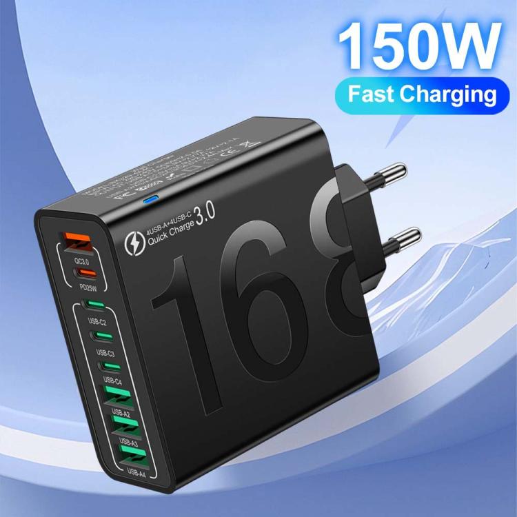 150W 4USB+4Type-C 8 Interface QC3.0 Fast Charging Cell Phone Charger, EU Plug (Black), EU Plug (White), EU Plug (Yellow), US Plug (Black), US Plug (White), US Plug (Yellow), UK Plug (Black), UK Plug (White), UK Plug (Yellow)