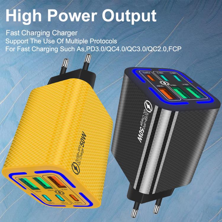 50W 3USB+3Type-C 6 Ports Fast Charging Cell Phone Charger, EU Plug (Black), EU Plug (White), EU Plug (Yellow), US Plug (Black), US Plug (White), US Plug (Yellow), UK Plug (Black), UK Plug (White), UK Plug (Yellow)