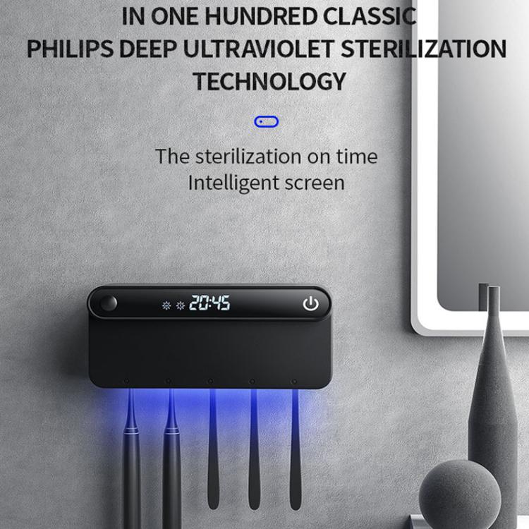 Smart UV Toothbrush Sterilizer and Dryer with Human Sensor, Time Display, USB-C Fast Charging, No-Drill Wall-Mounted Holder