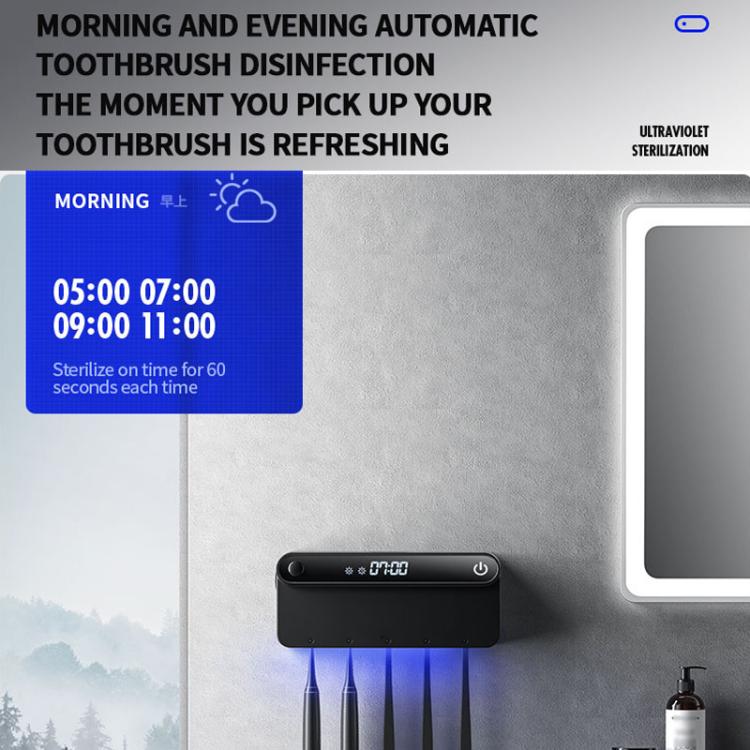Smart UV Toothbrush Sterilizer and Dryer with Human Sensor, Time Display, USB-C Fast Charging, No-Drill Wall-Mounted Holder