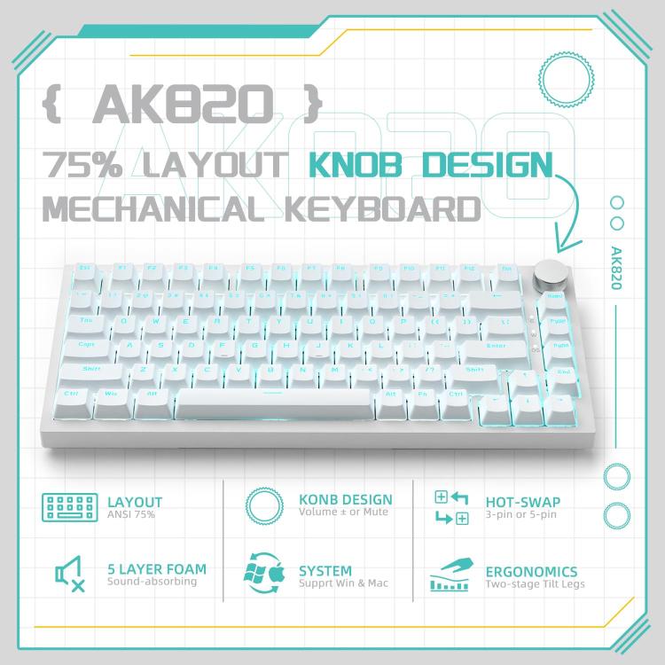 Ajazz AK820 Hot Swappable Wired Mechanical Keyboard With Light, Green Switch Ice Blue Light White, Red Switch White Light Black, AS Red Switch White Light Gray White, HP Switch White Light White Gray, Sea Salt Switch RGB Purple White Blue              ...