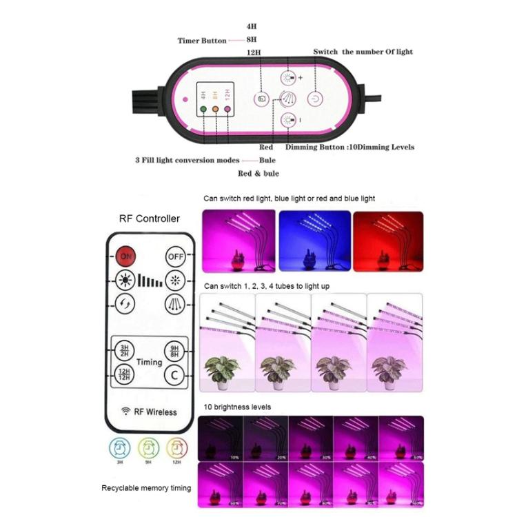 Clip-On Plant Grow Light Full Spectrum Plant Lights With Remote Control, 2 Head, 3 Head, 4 Head