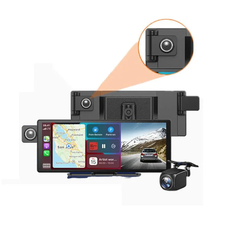 Voice-Controlled CarPlay With Split-Screen Dual-Camera Dashcam, Front Camera + Interior View, With Rear View Camera
