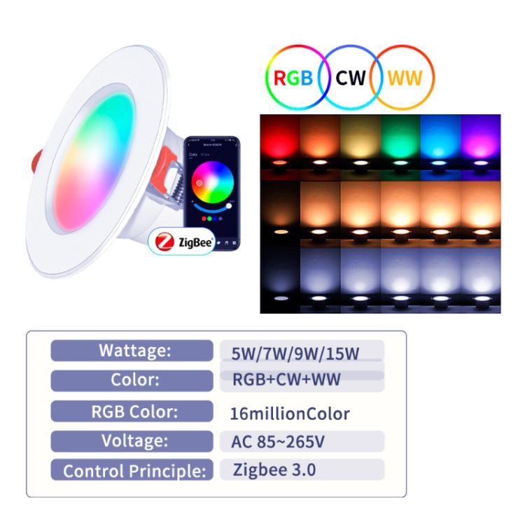 Compatible with Tuya Zigbee Recessed Ceiling Light RGB+CW+WW Dimmable LED Downlight, 5W 2.5inch, 7W 3.5inch, 10W 4inch, 15W inch