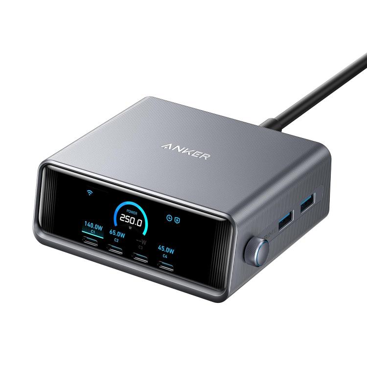 شاحن سريع أنكر برايم 250 واط جاليوم نيتريد 4 Type-C + 2 USB 6 منافذ محطة شحن ذكية مكتبية، قابس الولايات المتحدة، A2345