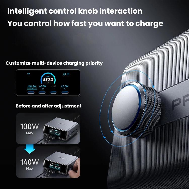 شاحن سريع أنكر برايم 250 واط جاليوم نيتريد 4 Type-C + 2 USB 6 منافذ محطة شحن ذكية مكتبية، قابس الولايات المتحدة، A2345