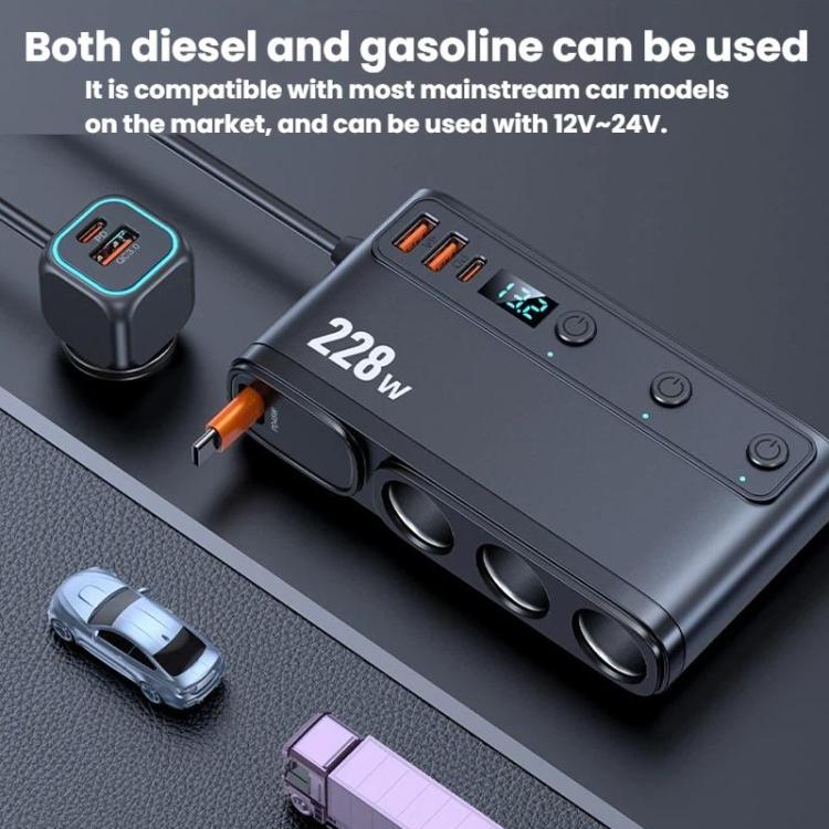 228W Car Cigarette Lighter Retractable Cable 3 In 1 Fast-Charging Car Charger With Independent Switches, C35L