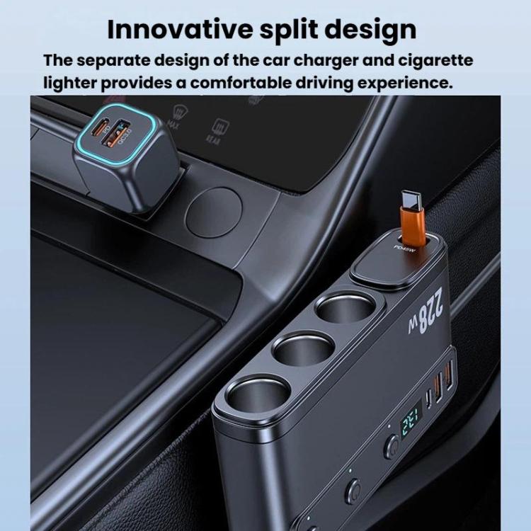228W Car Cigarette Lighter Retractable Cable 3 In 1 Fast-Charging Car Charger With Independent Switches, C35L