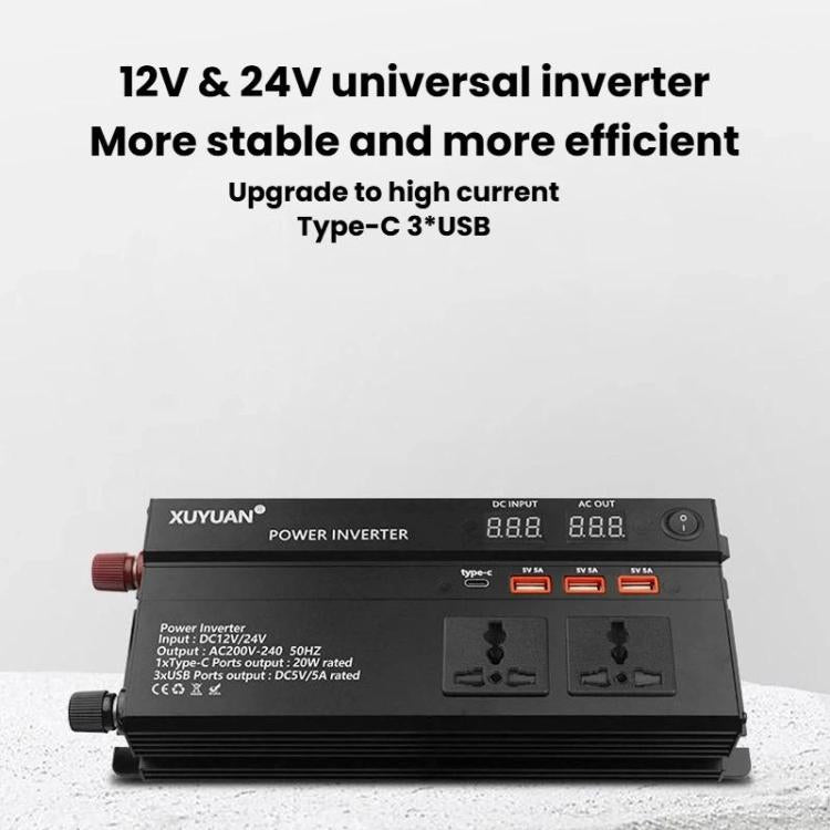 XUYUAN 12V / 24V To 220V Car Power Inverter LED Display Power Converter, 600W, 1200W, 2000W