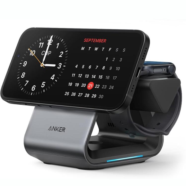 محطة شحن لاسلكي مغناطيسية مكتبية 3 في 1 ANKER B2599 بقوة 15 واط لهواتف iPhone، iWatch، AirPods، قابس أمريكي