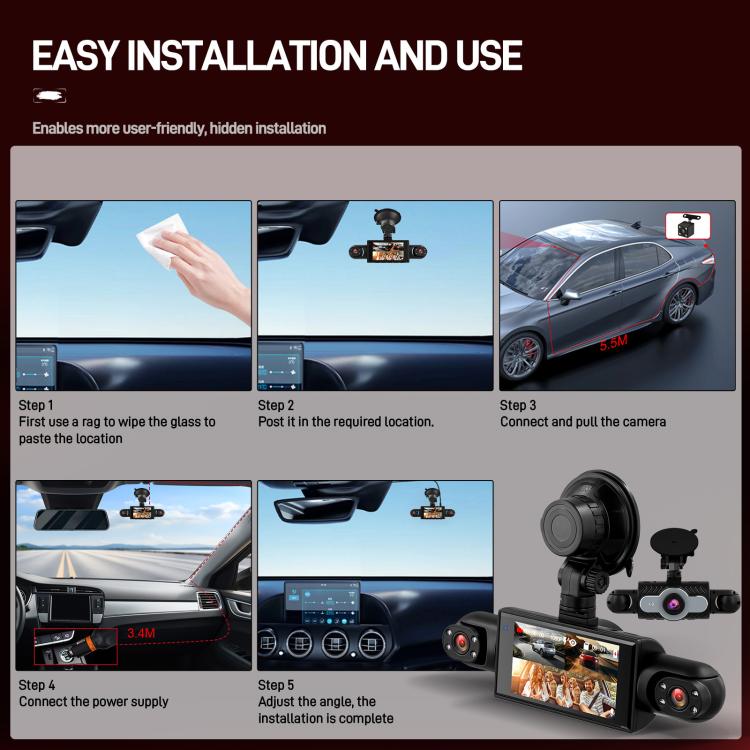 3 Inch 1080P Car Dash Cam With Four Lenses 480P Interior Left Right Rear Cameras, L5972