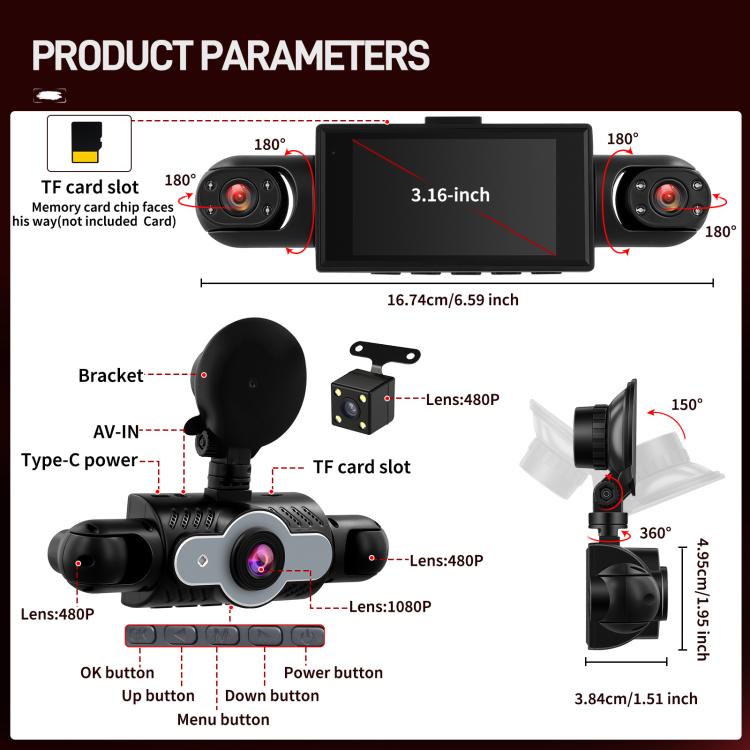 3 Inch 1080P Car Dash Cam With Four Lenses 480P Interior Left Right Rear Cameras, L5972