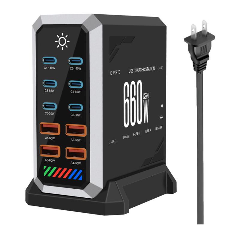 شاحن مكتبي متعدد المنافذ 6 في 1 بقوة 660 واط مع 6 منافذ Type-C + 4 USB، شاحن غاليوم نيتريد، قابس أمريكي، بريطاني، أوروبي، أسترالي