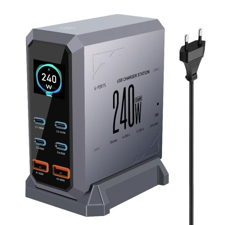 4 Type-C+2 USB Multi-Port 240W Dynamic Display Gallium Nitride Charger, AU Plug, US Plug, EU Plug, UK Plug