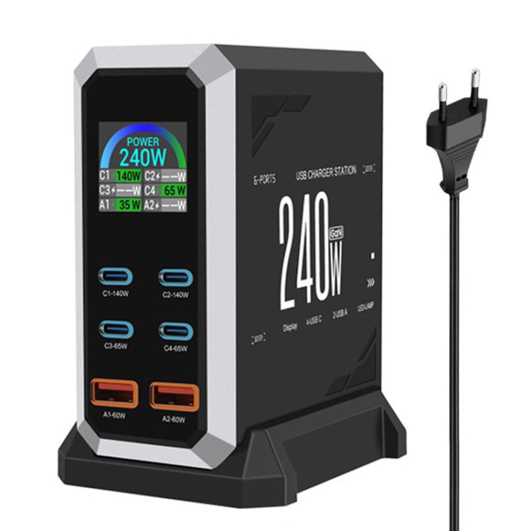 4 Type-C+2 USB Multi-Port 240W Dynamic Display Gallium Nitride Charger, AU Plug, US Plug, EU Plug, UK Plug