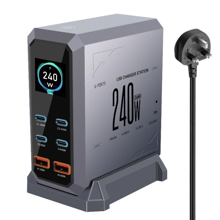 4 Type-C+2 USB Multi-Port 240W Dynamic Display Gallium Nitride Charger, AU Plug, US Plug, EU Plug, UK Plug