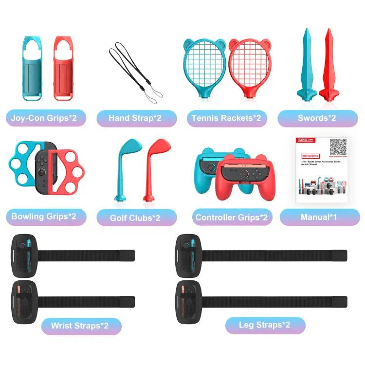 STARTRC GAMES Gamepad Sport Set Fencing Tennis Racket Racing Steering Wheel, For Nintendo Switch 2 14 In 1