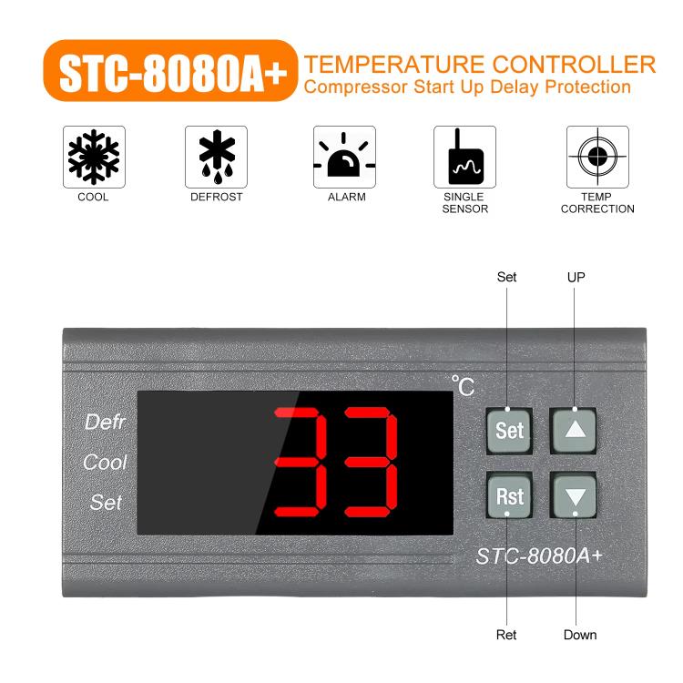 وحدة تحكم رقمية في درجة الحرارة STC-8080A+ للتبريد مع وظيفة إزالة الصقيع والتنبيه، لغرفة التبريد، الفريزر التجاري، STC-8080A+ 220V
