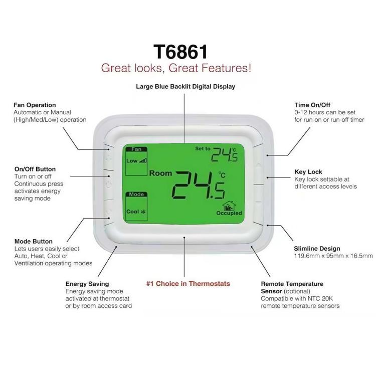 ثرموستات رقمي 220V بشاشة LCD كبيرة لوحدة تكييف الهواء FCU، T6861H2WB، T6861H2WG