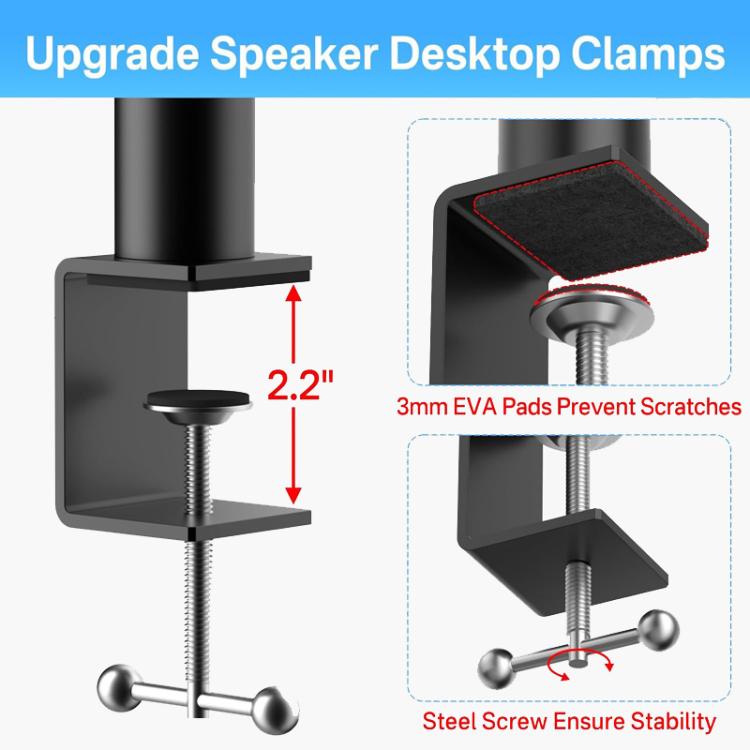 Clamp-On Desktop Speaker Stand Movable No-Drill Height Adjustable Speaker Holder, Single, Double