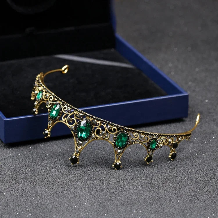 Vintage Small Baroque Green Crystal Tiaras Crowns for Women Girls Bride Wedding Hair Jewelry Accessories