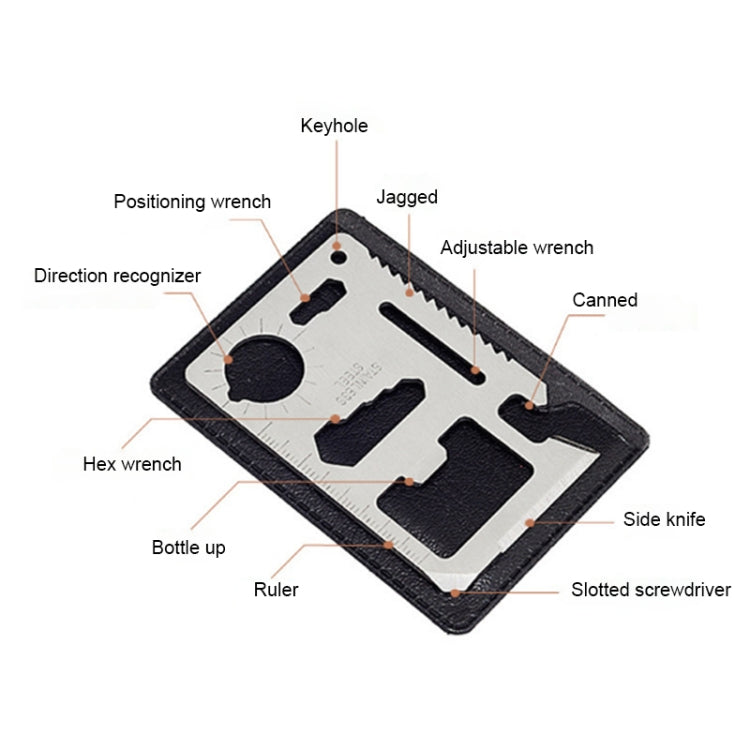100 PCS 11 in 1 Outdoor Portable Multi-function Stainless Steel Hollow Tool Card Cutter with Leather Case, Size: 6.9 x 4.5cm, 10 PCS