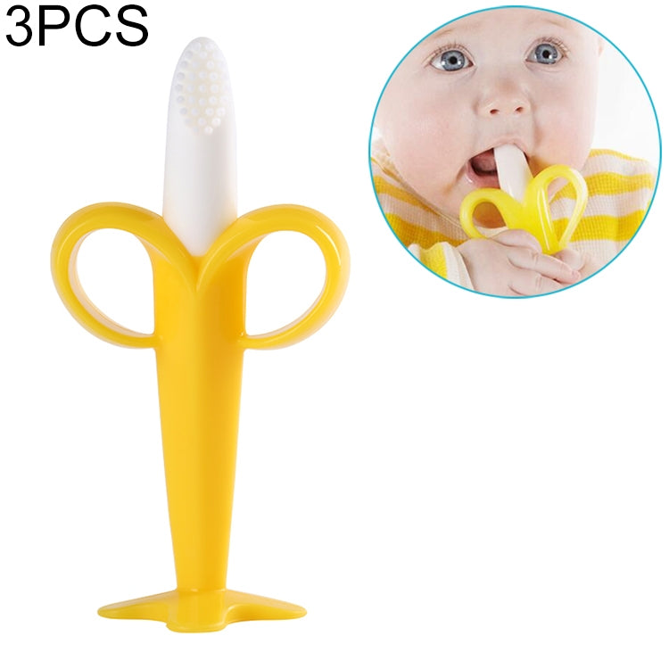 3 PCS Baby Silicone Training Toothbrush Banana Shape Safe Toddle Teether Chew Toys Teething Ring Gift for Infant Baby Chewing, Pink-B, Yellow-B