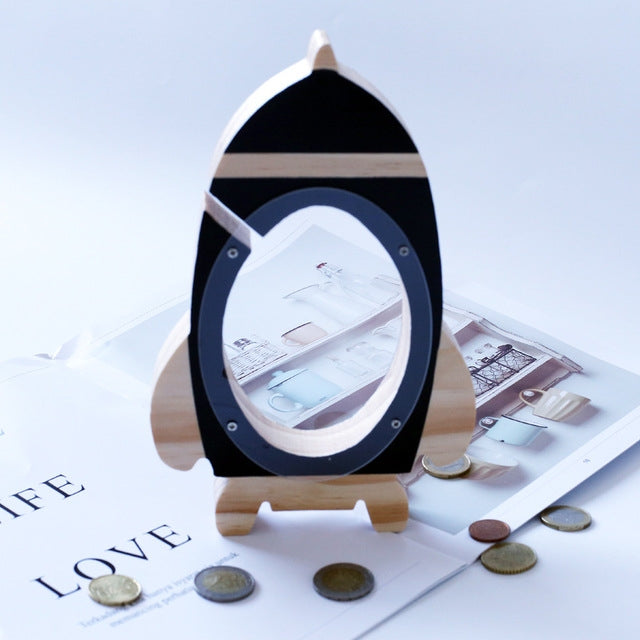 Nordic Wood Rocket Money Box Toys Living Room Decoration Piggy Bank