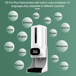 مقياس حرارة جسم بدون تلامس يدوي K9 Pro Plus + موزع صابون سائل أوتوماتيكي بدون تلامس بسعة 1000 مل مع قاعدة تثبيت، بث صوتي بـ 15 لغة، K9 Pro Plus