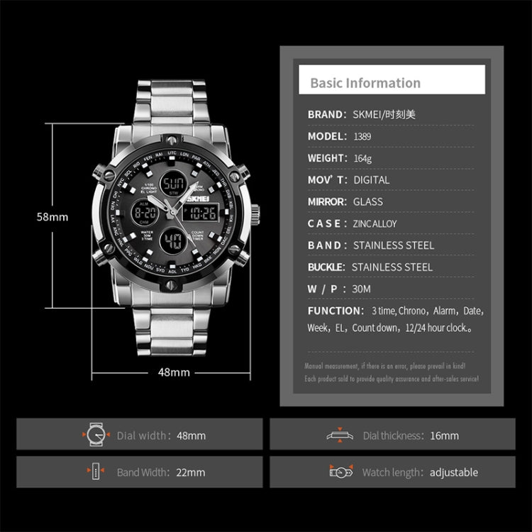 SKMEI 1389 Multifunctional Men Business Digital Watch 30m Waterproof Large Dial Wrist Watch with Stainless Steel Watchband , 1389 Silver, 1389 Black, 1389 Blue